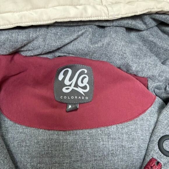 YO COLORADO Hooded Puffer Jacket Colorblock Retro Stripe Maroon Beige S/M - Picture 8 of 11